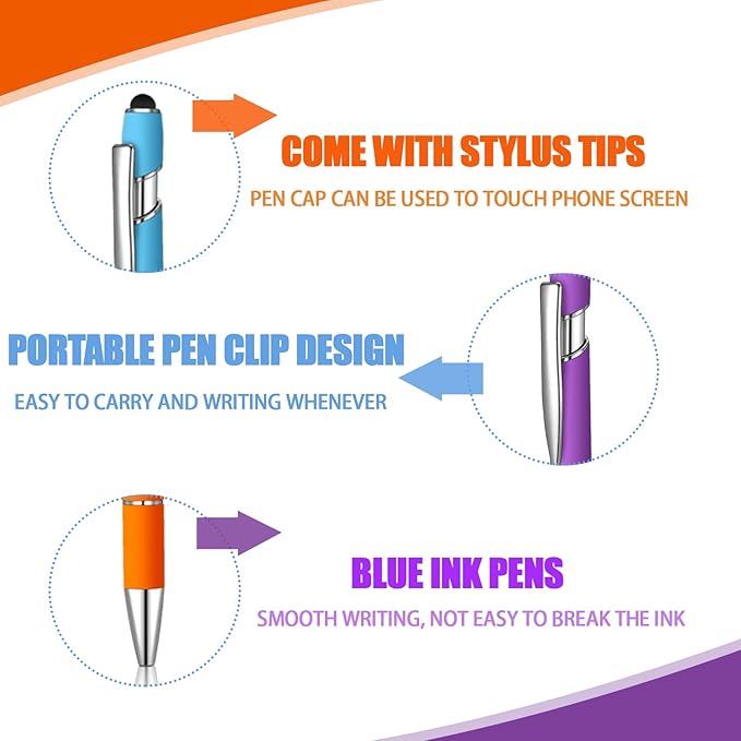 24 Pcs Blue Ink Ballpoint Pen with Stylus Tip 2 in 1 Ballpoint Pen 1.0 mm Blue Ink Metal Stylus Pen for Touch Screens Coworkers, Family, Colleagues, Office (Multicolor)