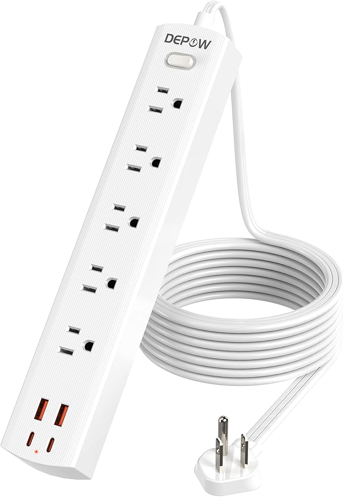 10 Ft Ultra Thin Extension Cord, 5-Outlet Power Strip Surge Protector with 4 USB Ports (2 USB C), 1875W/15A, Low Profile Flat Plug, 1700 Joules, Wall Mount for Home Office, White