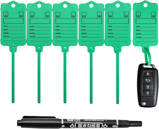 100 Car Key Tags with Labels Plastic Car Dealership Key Tags Self Locking Automotive Identifiers Blank Shop Labels with One Pen (Green)