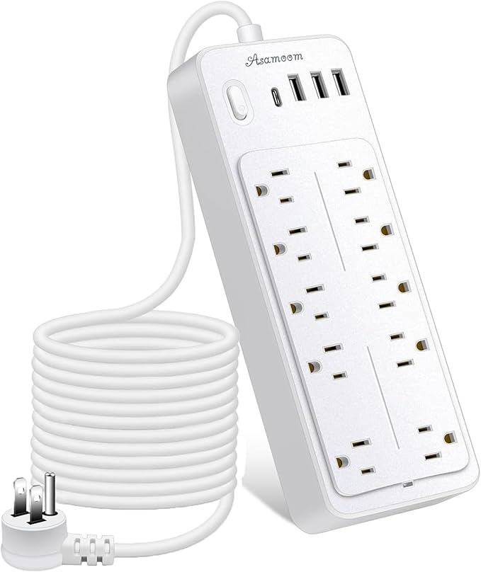 20FT Power Strips with Surge Protection 1625W/13A, 10 Outlets with 4 USB Ports (1 USB C) Long Extension Cord with Multiple Outlets 14-in-1 1700J 16Awg Flat Plug Power Strip Protector White ETL Listed
