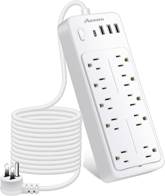 25 FT Power Strip with Surge Protection 1625W/13A, 14 Outlets and 4 USB Ports (1 USB-C), 16AWG, 1700J Flat Plug, White, ETL Listed