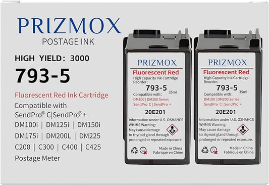 2-Pack 793-5 Red Fluorescent Ink Cartridge Replacement for Pitney Bowes 793-5 Red Ink for Postage Meters DM100i, DM125i, DM150i, DM175i, DM200L, DM225, SendPro 300, C200, C300, C400, C425, 35ml