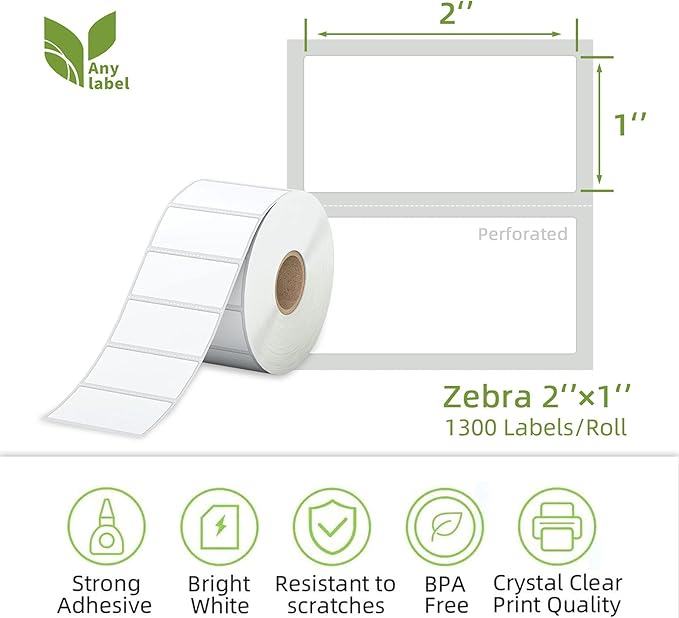 2" x 1" Direct Thermal Label, Paper for Barcodes Postage Address Perforated & Compatible with Rollo, Zebra, Munbyn, Nelko Printers(12 Rolls, 1300 Labels/Roll)