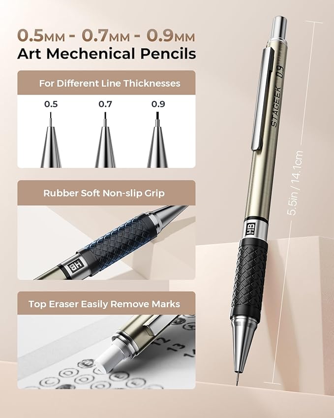 30PCS Art Mechanical Pencil Set with Leather Bag, Metal Artist Lead Pencil 0.5, 0.7, 0.9 mm, 3PCS 2mm Sketching Pencil (4H 2H HB 2B 4B 6B Color) with 464PCS Graphite Lead Refills for Drawing
