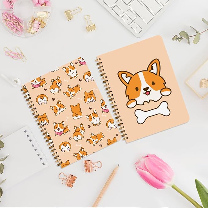 2 Pcs Dog Spiral Notebooks for Work, A5(8.3x5.8inch) Composition Notebook College Ruled Note Book, Corgi Notepads Lined Travel Journal for Writing, Cute Puppy Print Diary Gifts for Women Dog Lovers