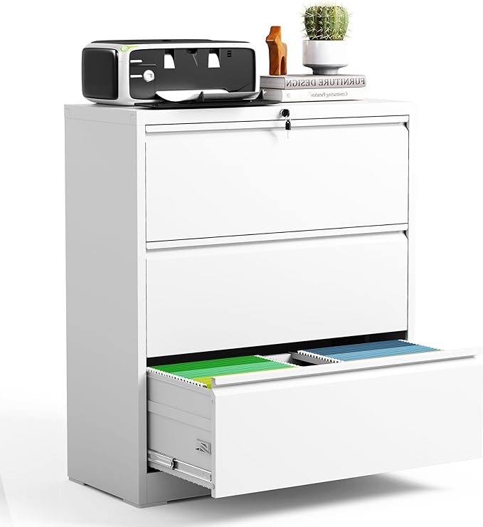 3 Drawer Lateral File Cabinet, Metal Filing Cabinets for Home Office, Steel Storage Wide File Cabinet for Letter/Legal/F4/A4 Size with Hanging Bars, Assembly Required (White)