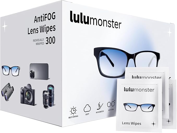 300 Count Anti Fog Glasses Cleaning Wipes, [300 Pre-Moistened Individually Wrapped Wipes] [Non-Scratching & Non-Streaking] Cleaner Wipes for Glasses, Sunglass, Phone Screen Camera Lens, Goggles