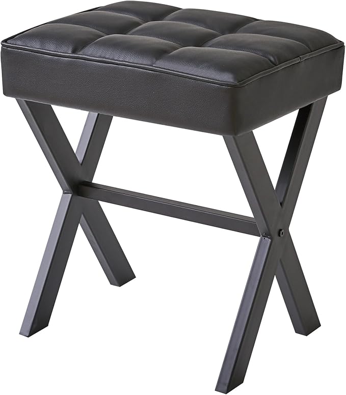 IBUYKE Square Makeup Stool with X-Leg Foot Rest, PU Footrest, Ottoman Seat Vanity Stool, Multi-Use as Small Side Table, for Bedroom, Living Room, Black LG-71B