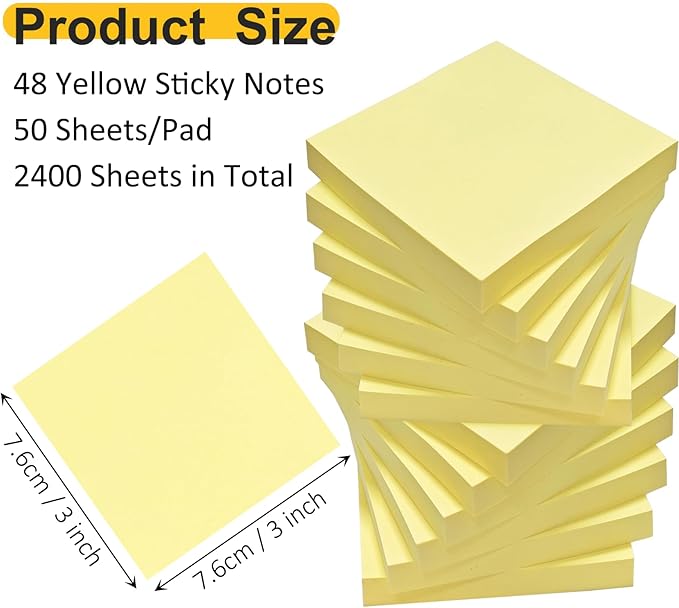 48 Pack 2400 Sheets Sticky Notes 3x3 Inches Bulk Colored Posted Notes Yellow Notes Stickies Note Pads for Office, School, and Home Supplies, 50 Sheets/pad