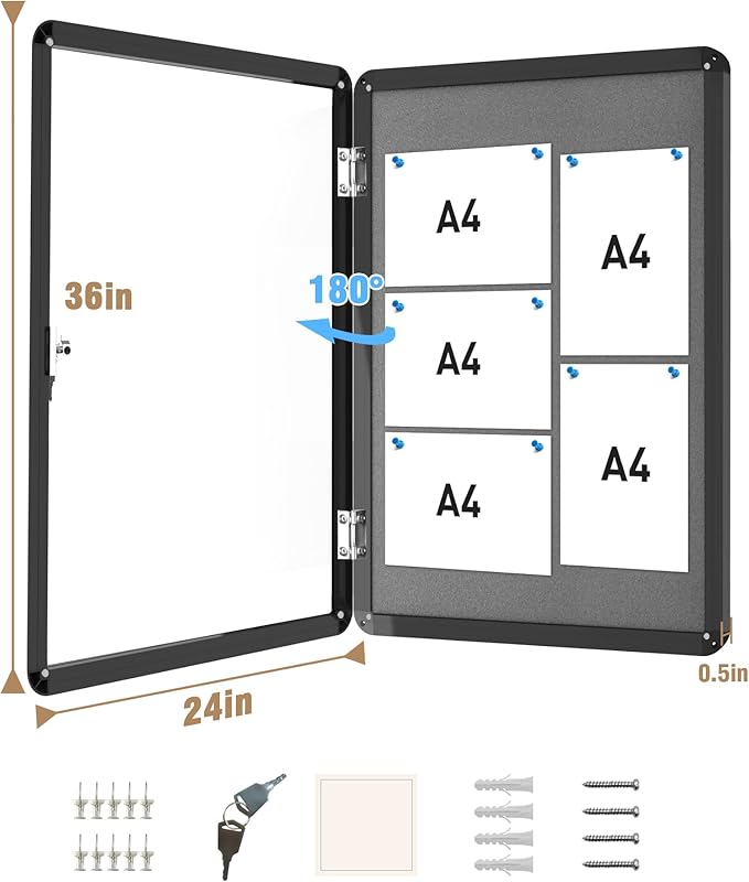 36"x24" Enclosed Bulletin Board, Lockable Weather-Resistant Aluminum Cork Noticeboard for School & Office, Black Frame w/Grey Flet