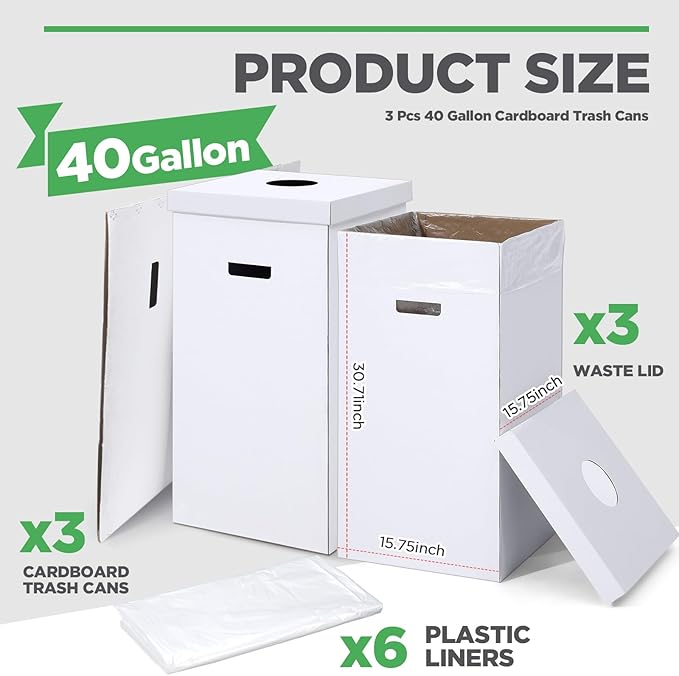 3 Pcs Cardboard Trash Cans with Lid Disposable and Reusable Corrugated Cardboard Trash Cans Recycling Bins Bulk with 6 Garbage Bags White Rubbish Boxes for Parties Events(40 Gallon)