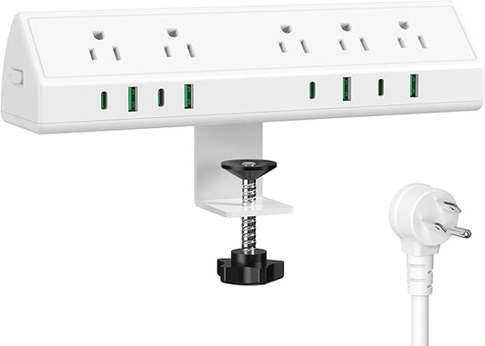 45W Fast Charging Station,Desk Clamp Power Strip,4 PD USB-C Ports,5 AC Outlets,Surge Protector Power Strip, 14AWG Heavy Duty Cord, Fits 1.9" Tabletop Edge (White, 10 FT Cable)