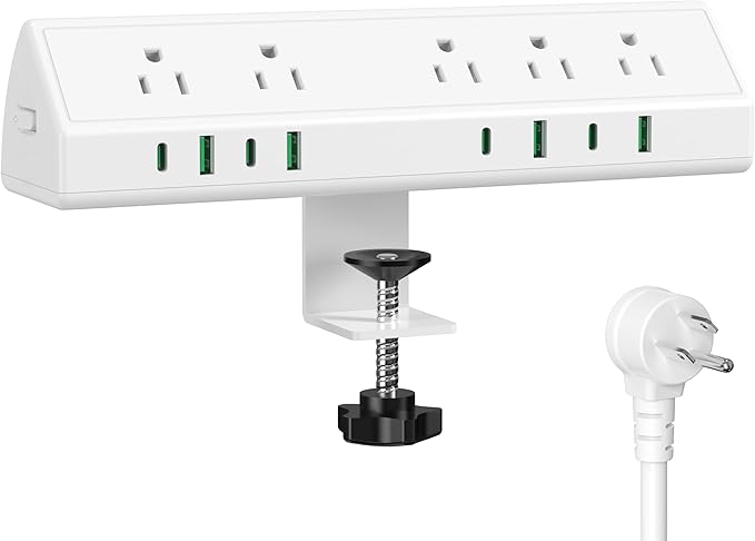 45W Fast Charging Station,Desk Clamp Power Strip,4 PD USB-C Ports,5 AC Outlets,Surge Protector Power Strip, 14AWG Heavy Duty Cord, Fits 1.9" Tabletop Edge (White, 20 FT Cable)