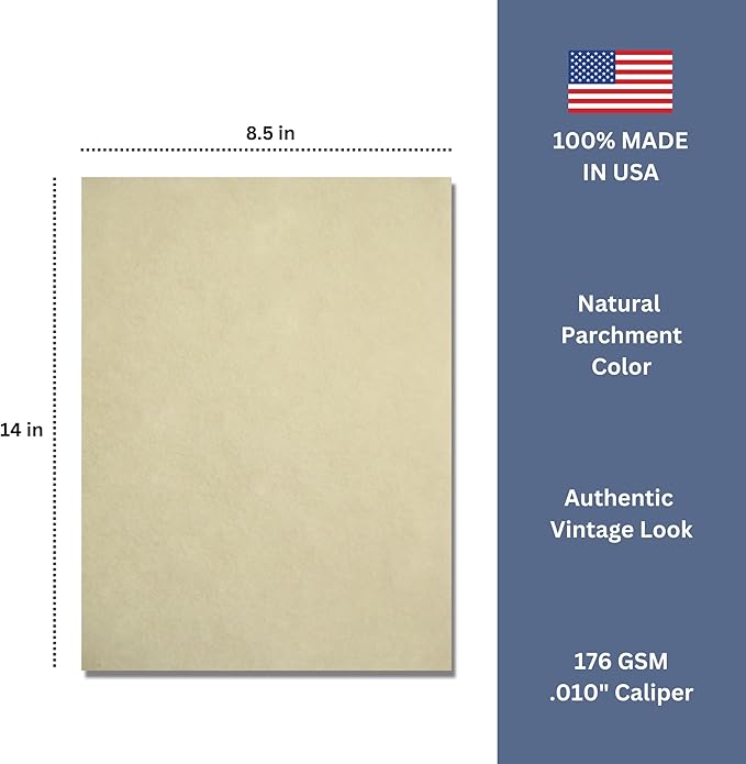 25 Natural Parchment 65lb Cover Paper Sheets 8.5X14 Inches Cardstock Weight Colored Sheets 8.5" X 14" (8.5X14 Inches) Legal|Menu Size - Printable Old Parchment Semblance