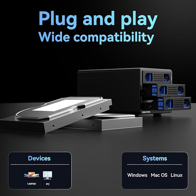 3 Bay Hard Drive Enclosure with Cooling Fan for 2.5“/3.5" SATA HDD/SSD with USB A/C 3.0, Support 60TB, Hot Swappable, Daisy Chain Expansion, Tool-Free HDD Enclosure, DAS(NO RAID/NAS)