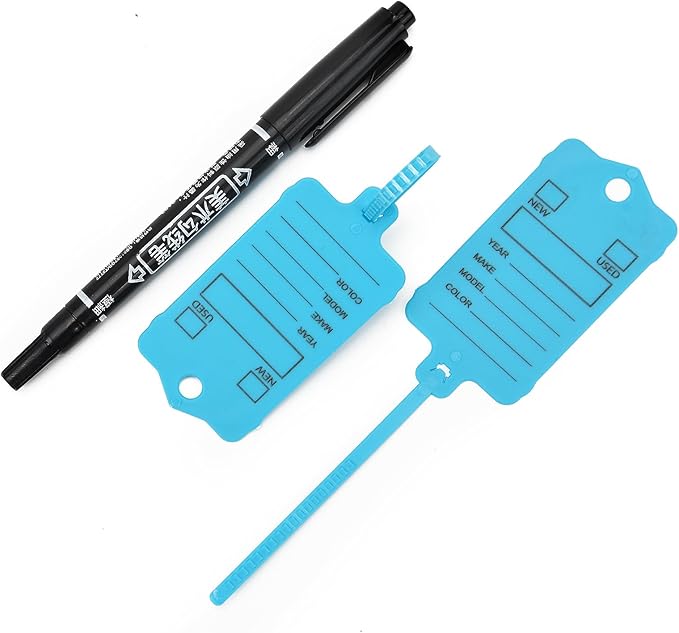 200 Car Key Tags with Labels Plastic Car Dealership Key Tags Self Locking Automotive Identifiers Blank Shop Labels with One Pen (Blue)