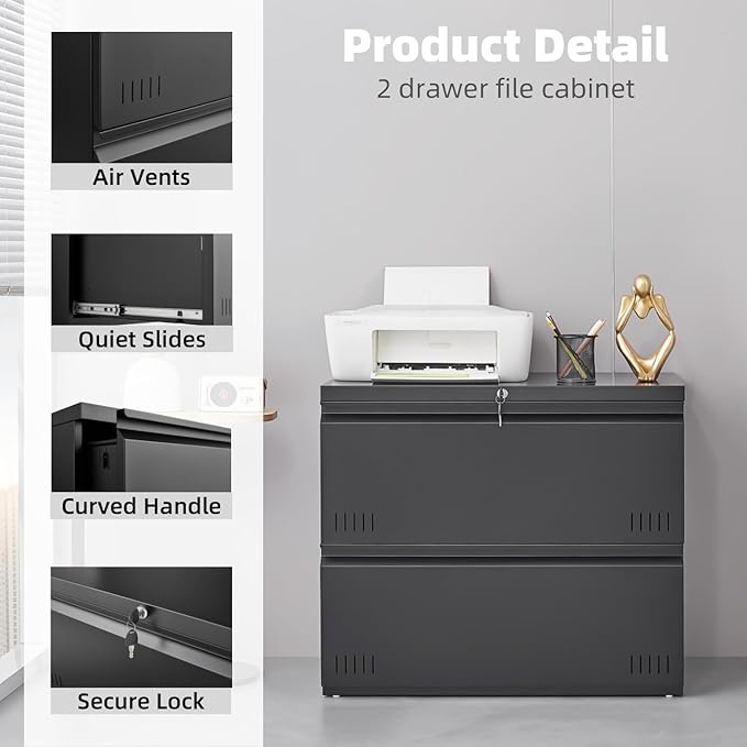 2 Drawer File Cabinet, File Cabinets for Home Office, Printer Stand, File Cabinet with Lock, Lateral Filing Cabinet for A4/Letter/Legal Size File Folders, Assembly Required(Black)