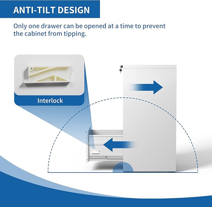 3 Drawer File Cabinet with Lock, Vertical File Cabinet with Lock, Locking File Cabinet Hanging Files for A4/ Legal/Letter,White