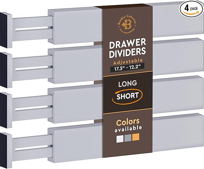 4 Pack Drawer Divider - Bamboo 2.6" High, 12.5-17" Adjustable Drawer Organizers for Clothes, Expandable Dresser Separators in Bedroom/Bathroom/Kitchen/Office Organization and Storage (Grey)