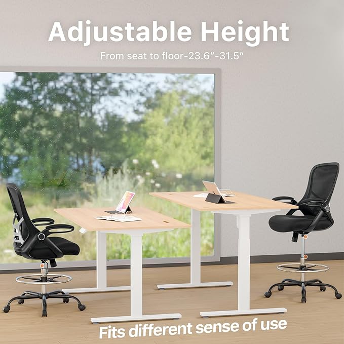 HYLONE Drafting Chair Tall Office Chair High-Back Mesh Standing Desk Stool with Adjustable Footrest Ring and Flip-Up Arms (Black)