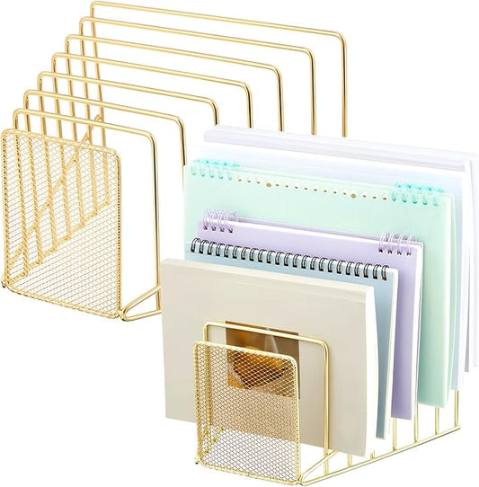2 Pcs 7 Slot Incline File Sorter Metal Wire Mesh File Racks for Desktop Letter Sorter for Magazine Folder Book Organizer Home Office School Paper Mail Desk Storage Holder(Golden)