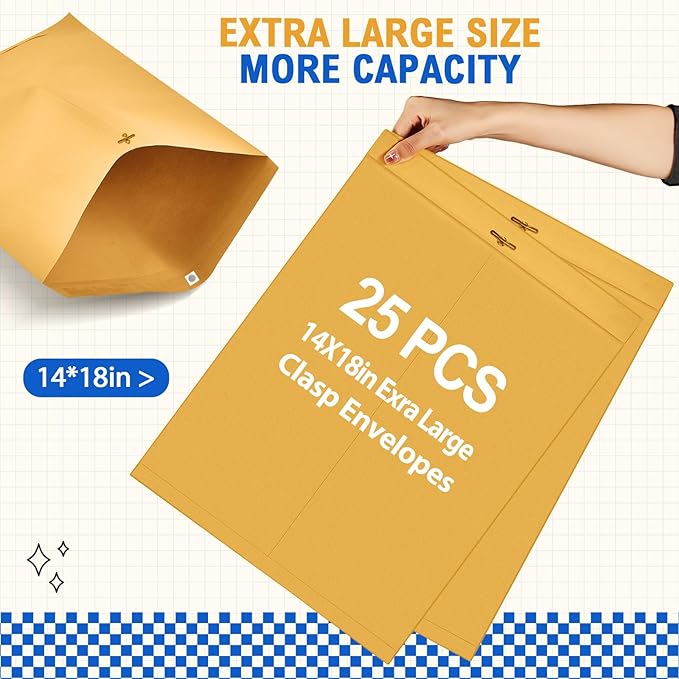 25 Pcs Clasp Envelope 14 x 18 Inch Large Manilla Envelopes with Clasp Closure 32lb for Mailing Thick Documents Home, Business, Legal or School Office Storing(Golden)