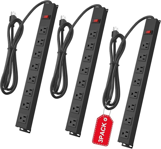 3Pack Metal 8 Outlet Mountable Power Strip, Wall Mount Outlet Heavy Duty, Wide Spaced Commercial Shop Power Strip with Switch, 6 FT Power Cord.