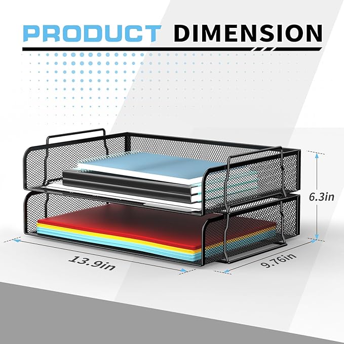 4 Tier Stackable Letter Tray, Metal Mesh File Storage Desktop Organizer for Home Office, Black