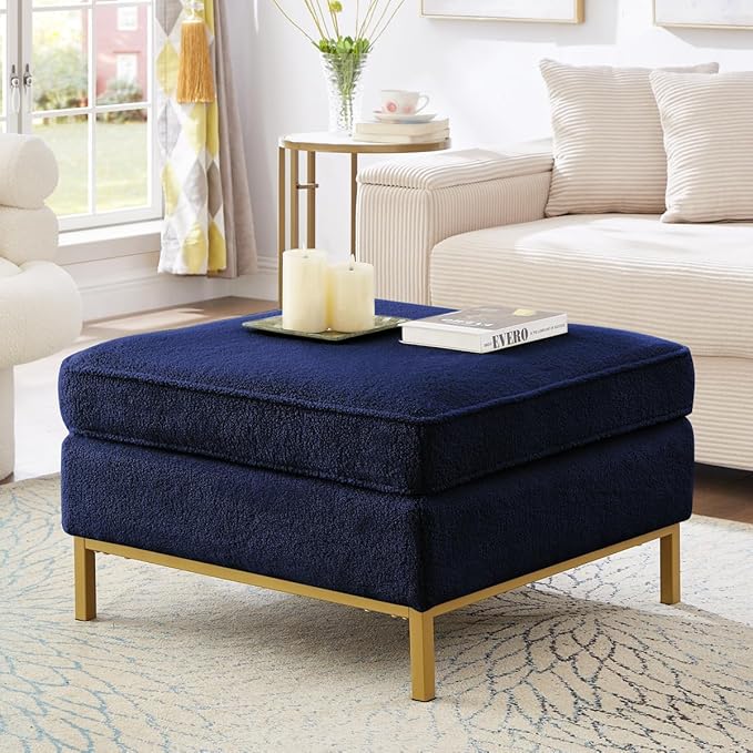 24KF Large Square Couch Ottoman for Living Room, Upholstered Teddy Fabric Padded Cushion Ottoman Table,Large Foot Rest,5088-Teddy Navy