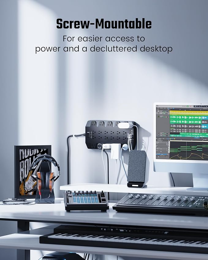 15 Ft Extension Cord Power Strips with Surge Protection, SUPERDANNY Surge Protector with 22 Outlets, 2 USB-C and 4 USB-A, 2100J, 15Ft Flat Plug Heavy Duty Extension Cord (1875W/15A) for Office, School