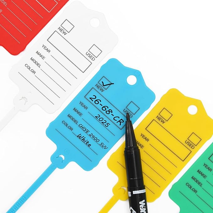 200 Car Key Tags with Labels Plastic Car Dealership Key Tags Self Locking Automotive Identifiers Blank Shop Labels with One Pen (Mixed Color)