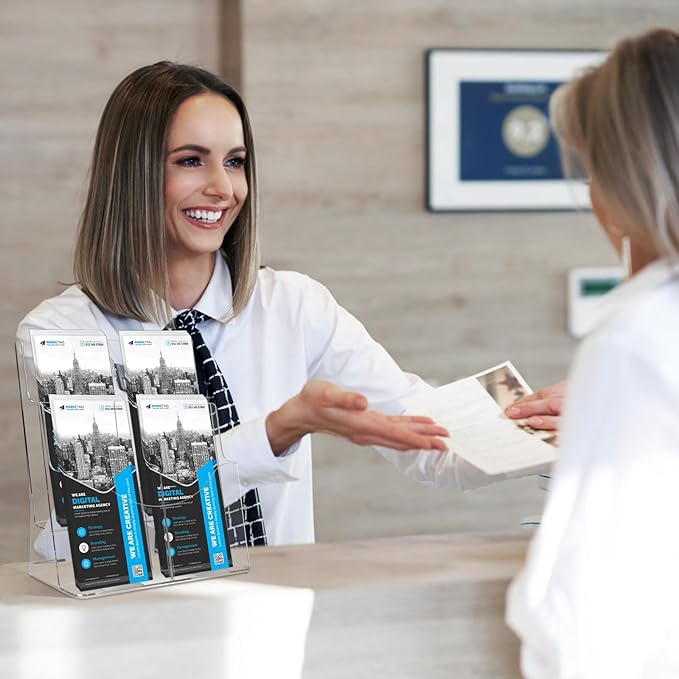 2 Pack Acrylic Brochure Holder 8.5 x 11 in, 2 Tier Brochure Display Stand with Removable Divider for 4 x 9 in Trifold Pamphlets, acrylic flyer holder 8.5 x 11 Stands for Flyer, Pamphlet, Magazine