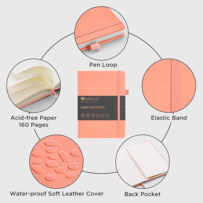 &And Per Se Lined Journal Notebook, 160 Pages, A5 5.7 x 8 inches College Ruled Thick Paper Notebook Journals for Writing, Hardcover Notebooks for Women Men Office School (1 Pack, Peach)