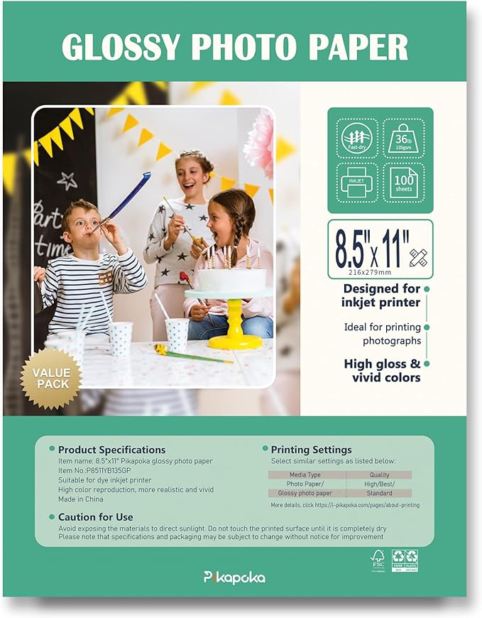 36lb Glossy Photo Paper, 8.5x11, Letter Size, Thin Glossy Photo Paper for Chip Bags, Inkjet, 100 Pack