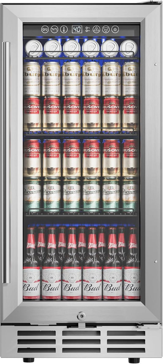 15'' Beverage Refrigerator Cooler - 126 Cans Under Counter Beverage Fridge with LED Light, Built-in Design, Wine Cooler for Home/Kitchen