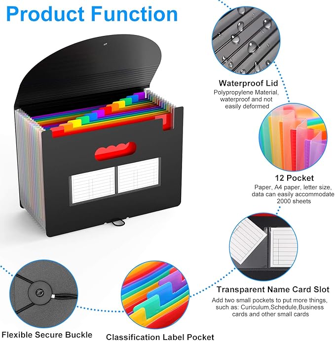 2 Pack Expanding File Folder with Blank Label, 12 Pocket Accordian File Organizer Document Storage Organizer, Desktop Accordion Folders File Keeper A4 Letter Size for Home School Office