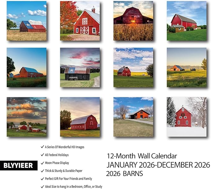 2026 Wall Calendar Barns | 12 Monthly Hangable Barns Calendars | 12" x 24" (Open) | Thick & Sturdy Paper for Organizing & Planning | Home and Office