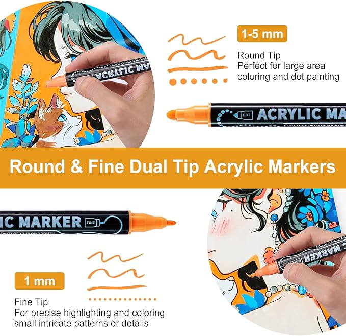 30 Colors Waterproof Dual Tip Acrylic Paint Pens, Dot & Fine Tip Premium Coloring Drawing Markers Set for Wood, Rock Painting, Canvas, Glass, Ceramic Surfaces and DIY Crafts Making Art Supplies