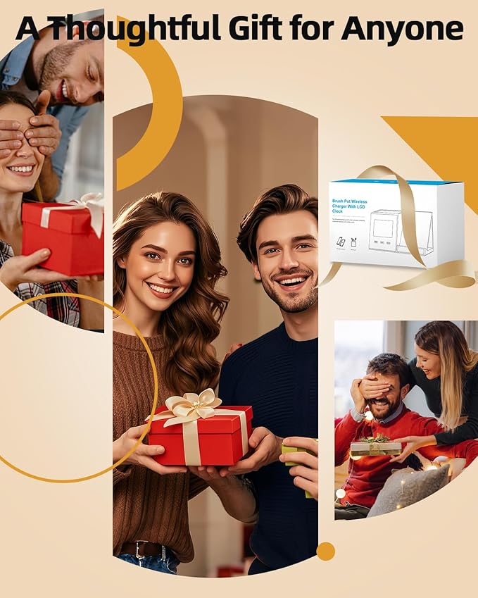 3-in-1 Wireless Charger with Pen Holder, Desk Clocks with Temperature and Humidity, Compatible with iPhone 16/15/14/13/12/11/8Series, Pencil Holder for Desk Home Office, Men Gift Idea Gadget, Blue