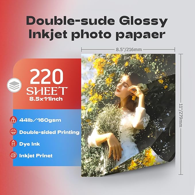 220Sheets Double Sided Photo Paper Glossy Brochure Flyer Paper Inkjet 8.5x11 44lb 160gsm Letter Size for All Dye Ink Printers