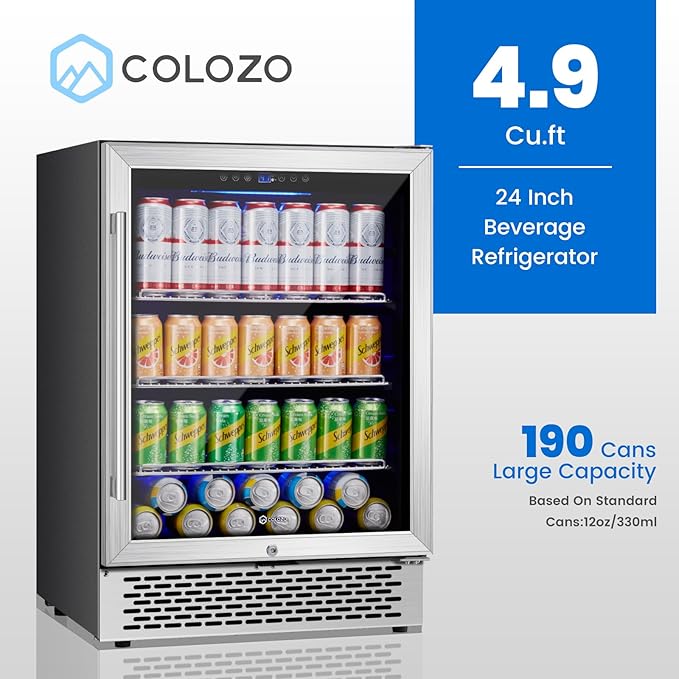 24 Inch Beverage Refrigerator Under Counter, 190 Cans Beverage Fridge Built-in/Freestanding with Double Tempered Glass, 37-64°F Low Noise Drink Fridge Perfect for Kitchen/Bar/Office(4.9 cu.ft)