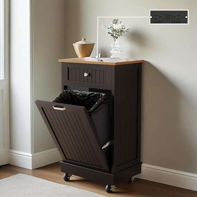 10 Gallon Tilt Out Trash Cabinet, Wooden Kitchen Trash Can Cabinet with Hideaway Drawer, Freestanding Laundry Hamper Garbage Recycling Cabinet on Wheels, Pet Proof, Single, Black