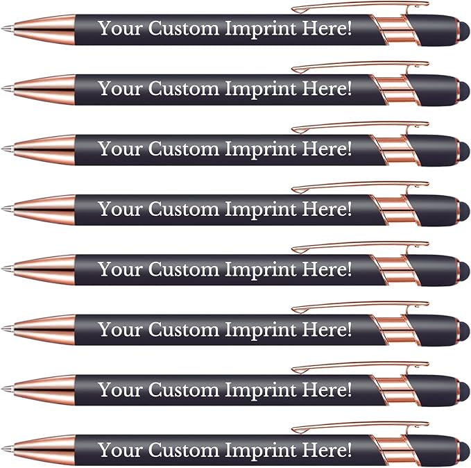 12-960 Custom Pens, personalized text and logo design, black ink, with touch pen tip, ideal for business, graduation gifts, and various events.