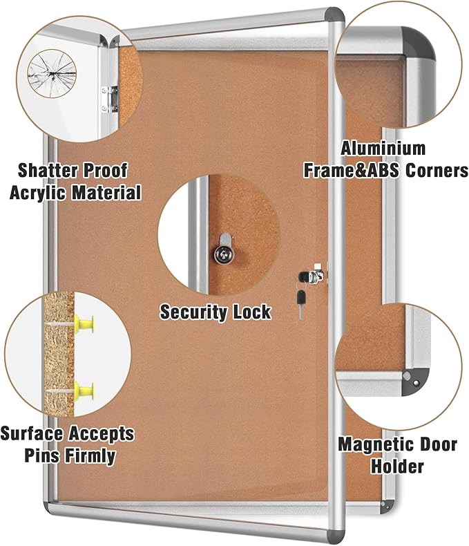 38"x28" Enclosed Bulletin Board, Lockable Weather-Resistant Aluminum Cork Noticeboard for School & Office, Silver Frame w/Cork