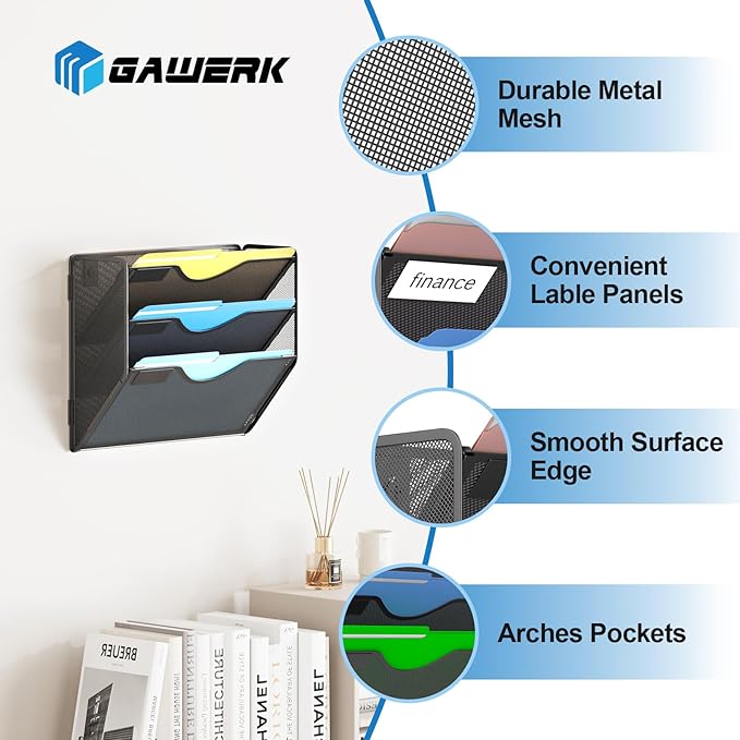 3 Tier Hanging Wall File Organizer, Mesh Mail Paper Orgnization Hanging File Folder Holder for Home Office, Black