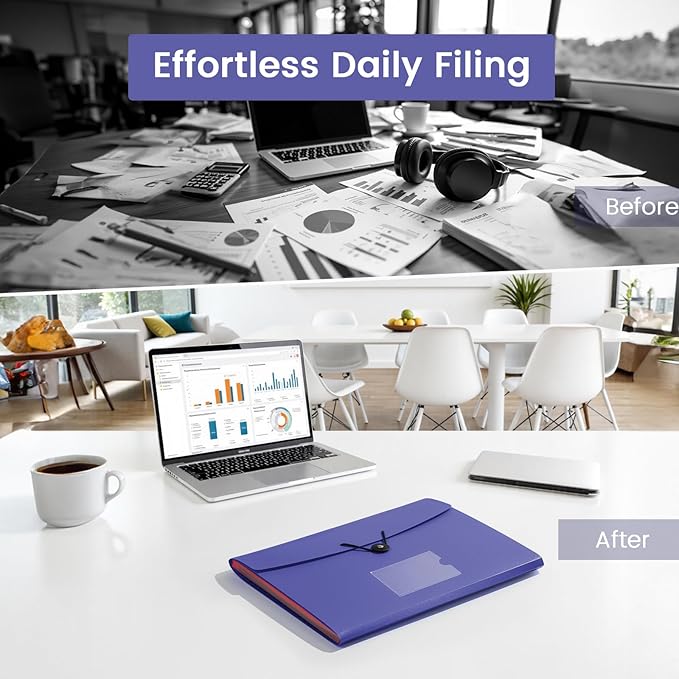 13 Pocket Accordion File Organizer with Elastic Closure, Expanding File Folder for Letter Size A4 Papers, Ideal for Home, Office Supplies, College Essentials - BluePurple