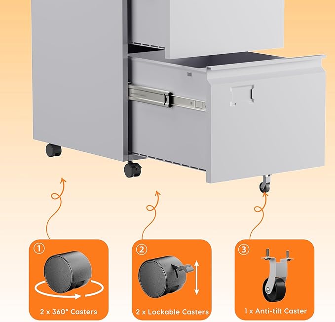 2 Drawers Mobile File Cabinet, Metal Under Desk Cabinet with Lock, for Office & Home, Legal/Letter Size, W14.57”x D17.36”x H25.79”, Assembly Required(White)