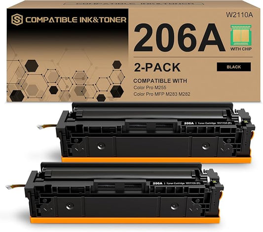 206A Toner Cartridges Black (with Chip) Works with HP Color Pro MFP M283fdw M283cdw, Pro M255dw M255nw, MFP M282nw M283 M282 M255 Printer | W2110A 206X W2110X, Pack of 2
