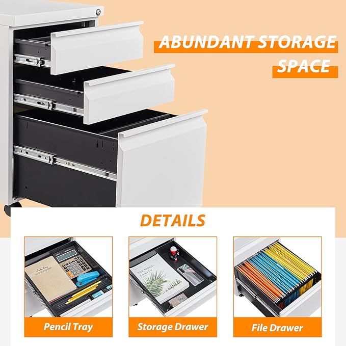 3 Drawer File Cabinet with Wheels, Metal Filing Cabinet with Lock, Office Rolling File Cabinets for A4/Legal/Letter Size, Assembly Required, White