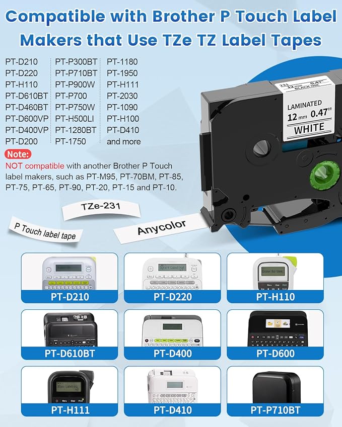 4-Pack TZe TZ Tape 12mm 0.47 Laminated White TZe-231 Replace for Brother P Touch Label Tape TZe231 for Brother Label Maker Tape PT-D210 PT-D220 PT-H110 PT-D610BT PT-D600 PT-D410 PT-D400 PT-H111 PTD200